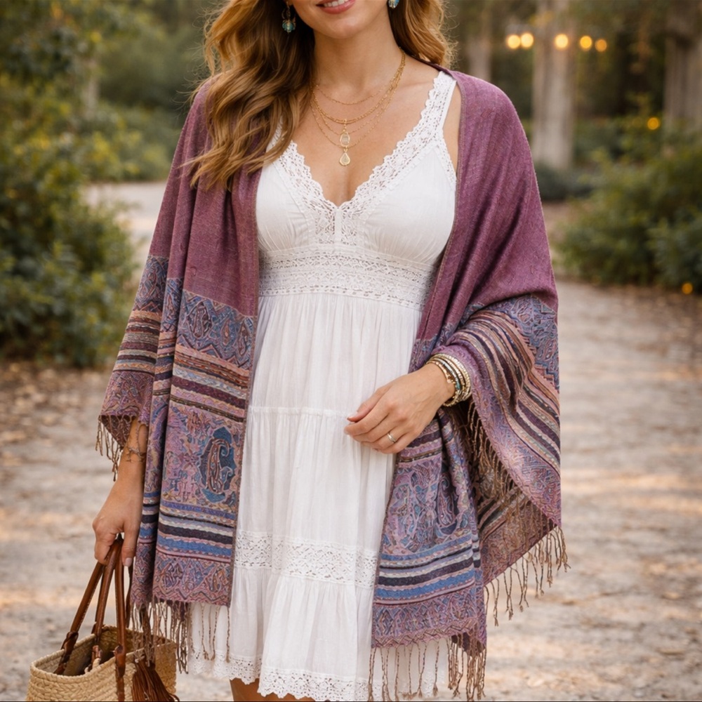 Purple PASHIMA Shawl w Paisley & Multicolored Striped Design